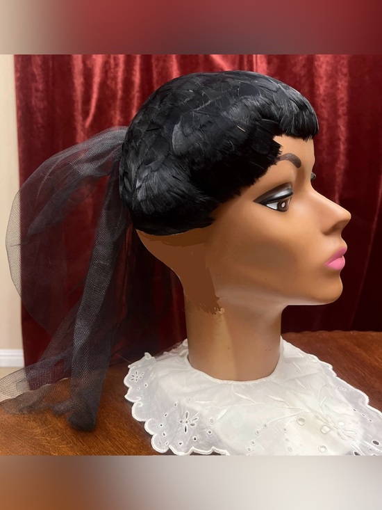 1960s 60s Vintage Black Face Framing All Feather Hat w/ Layered Sheer Netting main image 13